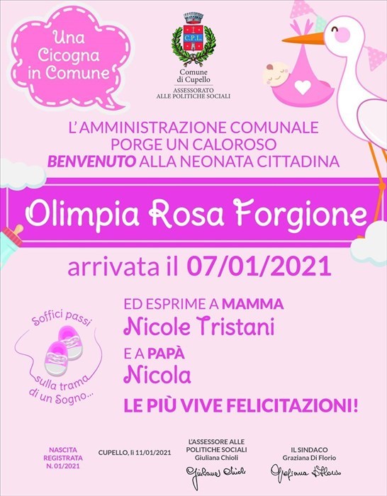 E' Olimpia Rosa Forgione la prima cittadina cupellese nata in questo inizio 2021