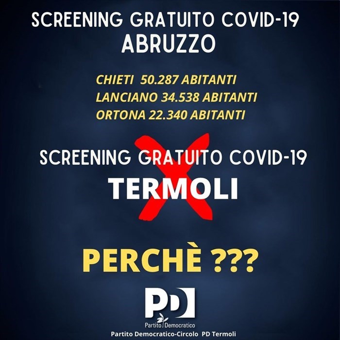 «A Termoli nessuno screening Covid gratuito, perché?», Pd ancora all'attacco