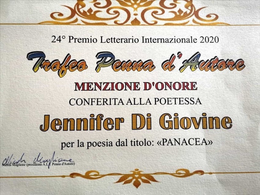 "Panacea", menzione d'Onore a Jennifer Di Giovine nel 24° Trofeo Penna d'Autore
