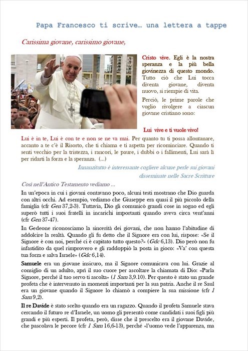 Dal vescovo De Luca: «Caro giovane, Papa Francesco ti scrive una lettera»