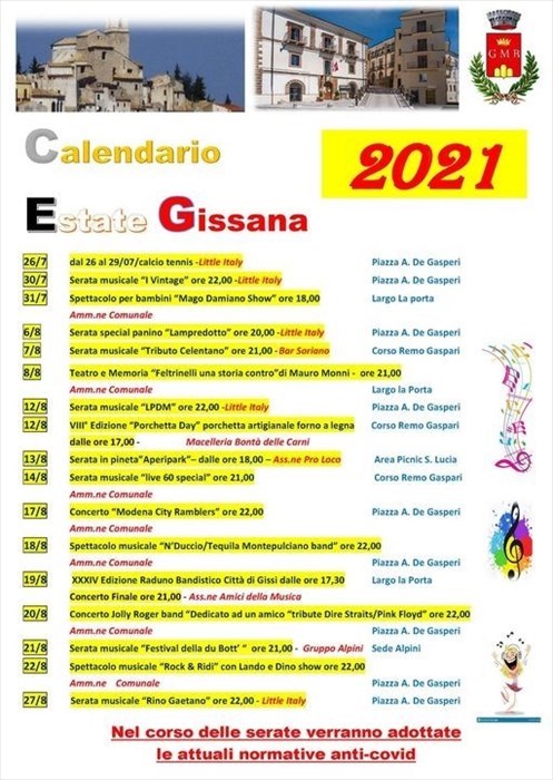 Tanti appuntamenti per l'estate Gissana 2021: ecco il calendario