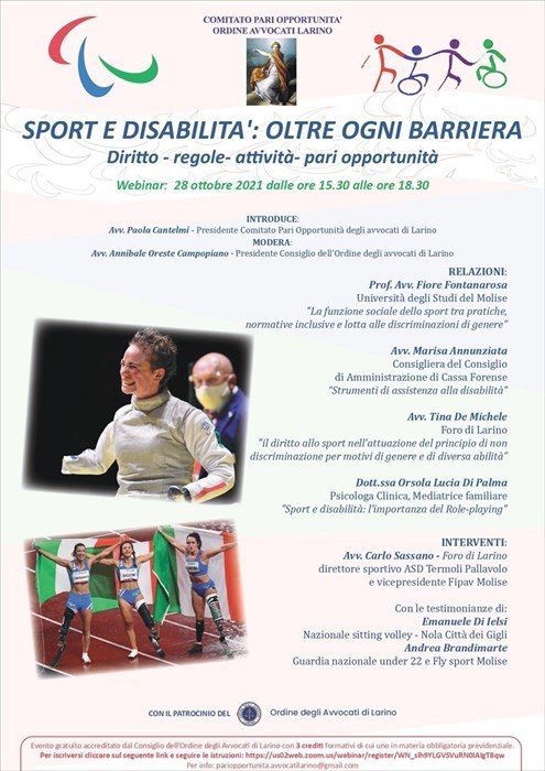 Sport e disabilità, oltre ogni barriera: diritto-regole-opportunità-pari opportunità”