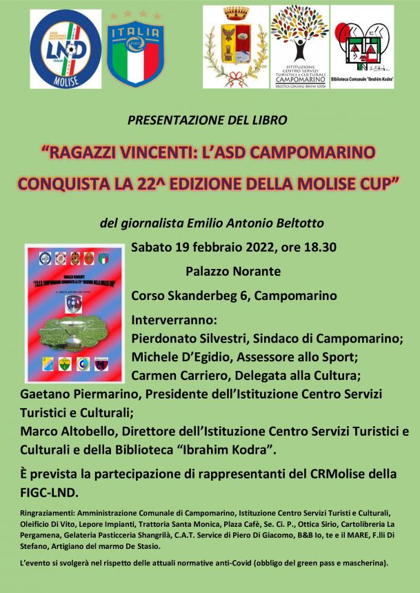 Locandina presentazione libro “Ragazzi Vincenti: l’Asd Campomarino conquista la 22^edizione della Molise Cup”