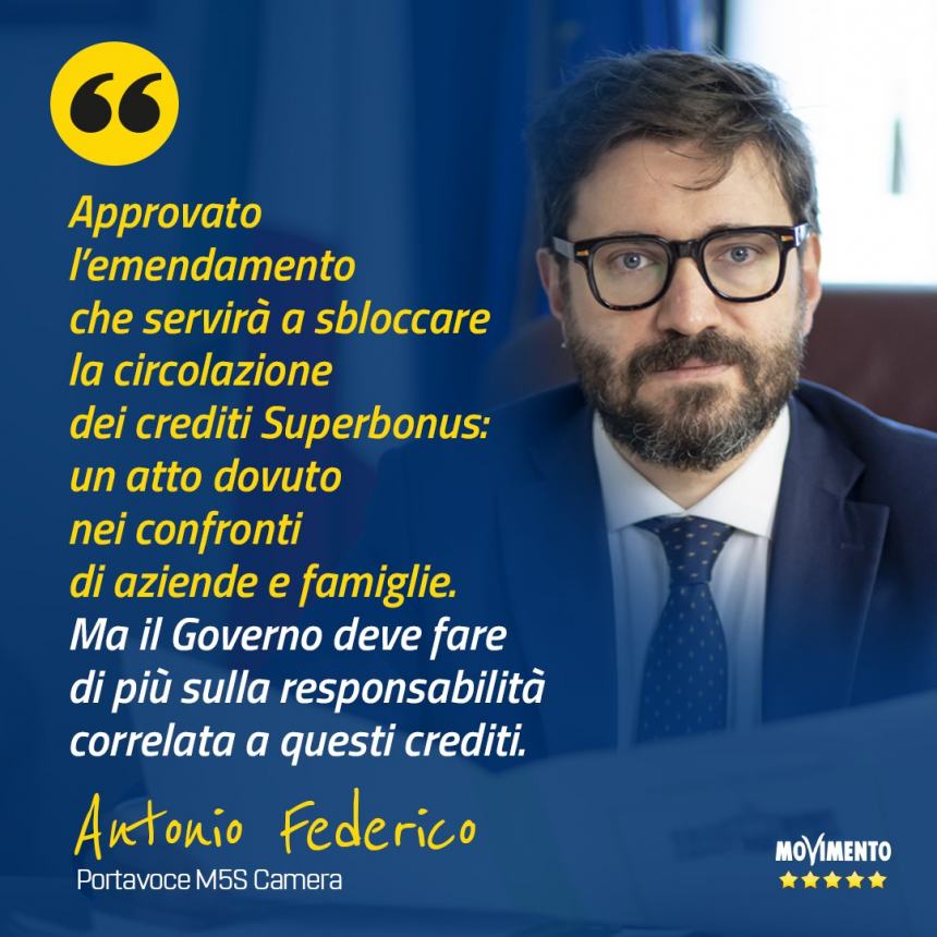 Sbloccati crediti del Superbonus, Federico (M5S): «Atto dovuto per famiglie e imprese»