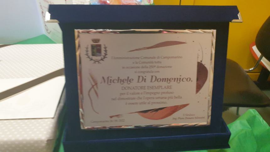 Michele Di Domenico: la donazione numero 250 all'Avis di Termoli