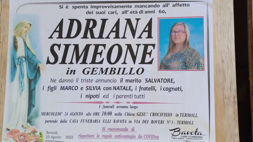 Muore nel tragitto tra Termoli e il Cardarelli, il doloroso addio ad Adriana Simone