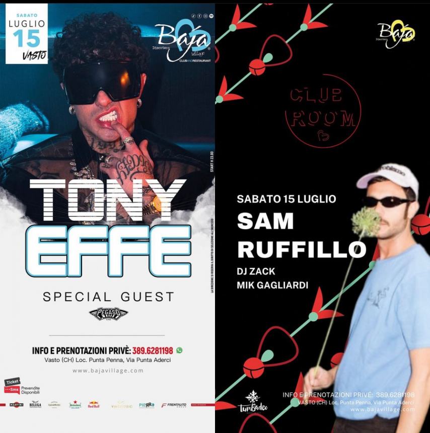 Tony Effe e Sam Ruffillo gli special guest il 15 luglio al Baja Village