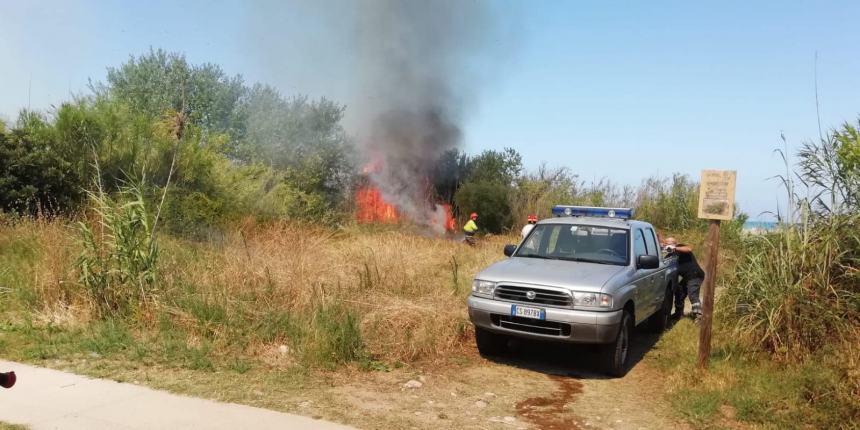 Fiamme a ridosso della ciclabile in contrada San Tommaso a Vasto Marina