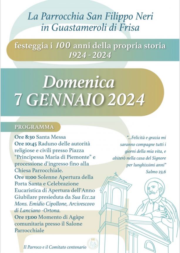 Il 7 gennaio 100 anni della parrocchia di San Filippo Neri