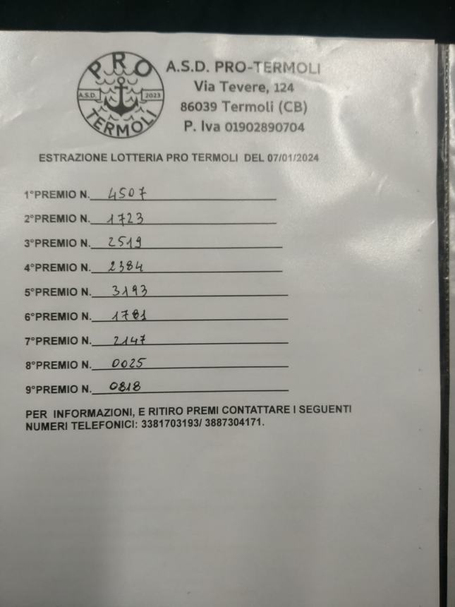 Lotteria Asd Pro Termoli: premi e biglietti vincenti