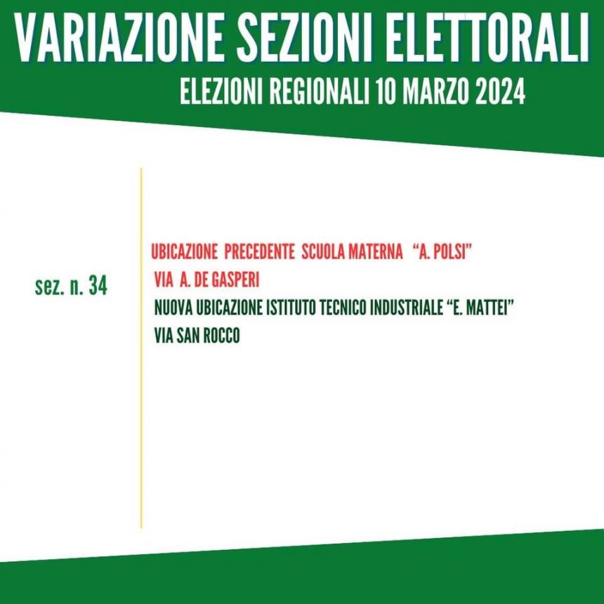 Variazione ubicazione a Vasto dei seggi elettorali delle scuole Paolucci e Aniello Polsi