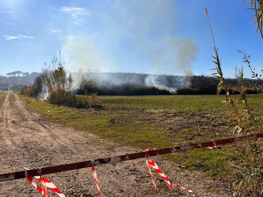 Rogo di sterpaglie su un terreno adiacente la Statale 16 a San Salvo Marina