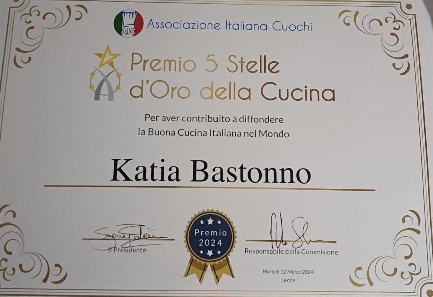 La chef Katia Bastonno premiata al 5 Stelle d’oro della Cucina: “Carica di emozioni”