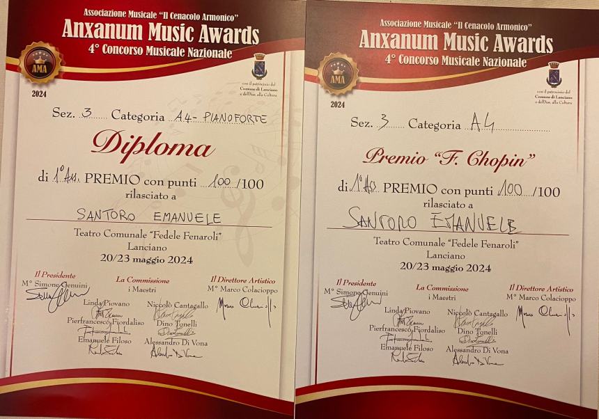 Trionfi per  Emanuele Santoro al pianoforte  nel concorso “Anxanum Music Awards”