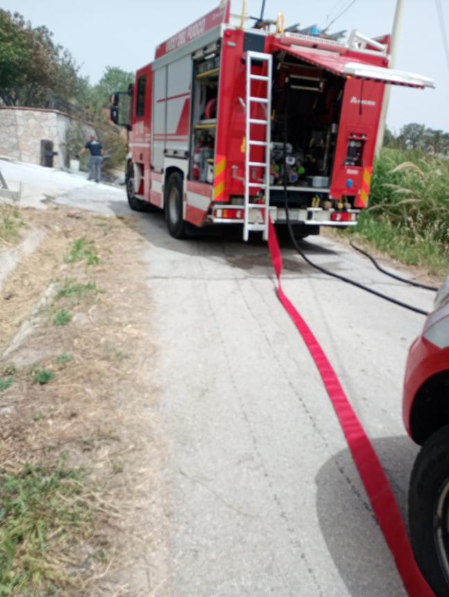 Vigili del fuoco all'opera sulla trebbiatrice in fiamme