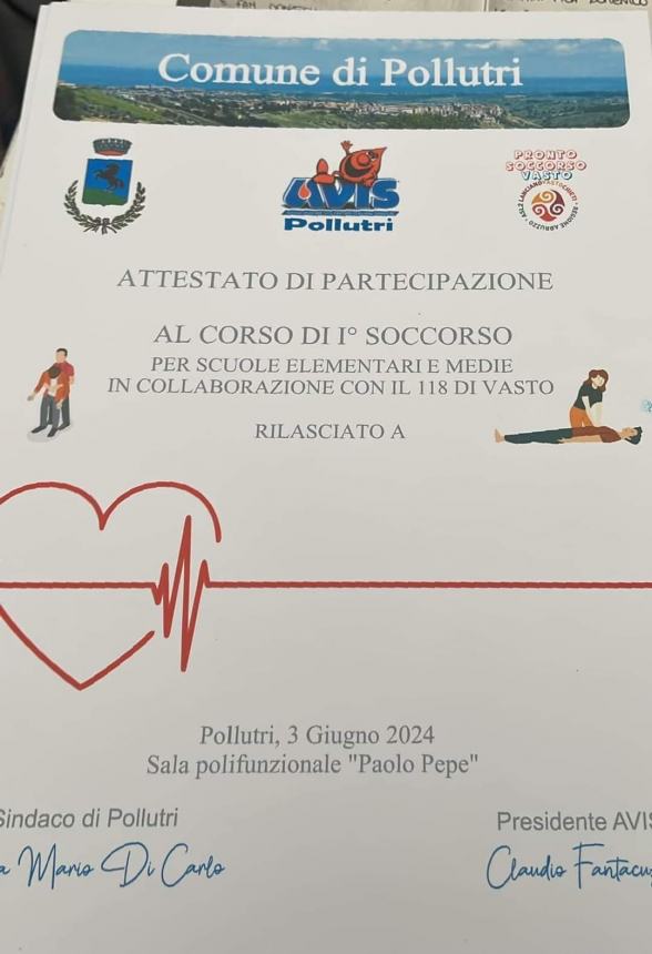 Corso di primo soccorso a Pollutri  per gli studenti di elementari e delle medie