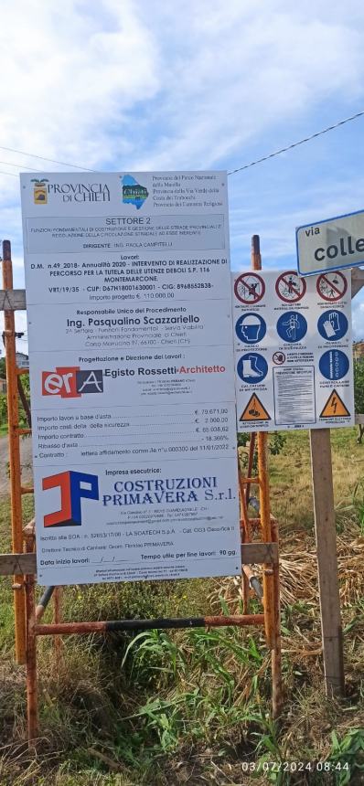 Al via i lavori per il marciapiede su un tratto della Sp 116 di Atessa