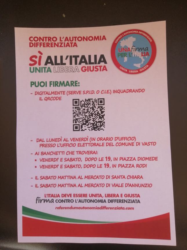 Contro l'autonomia differenziata continua la raccolta firme a Vasto: "Legge spacca-Italia" 