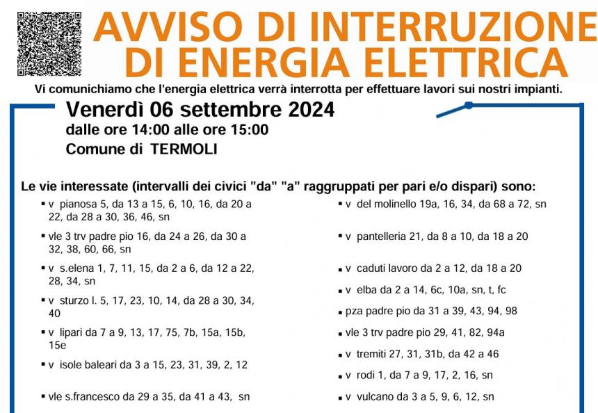 Avviso interruzione di energia elettrica 