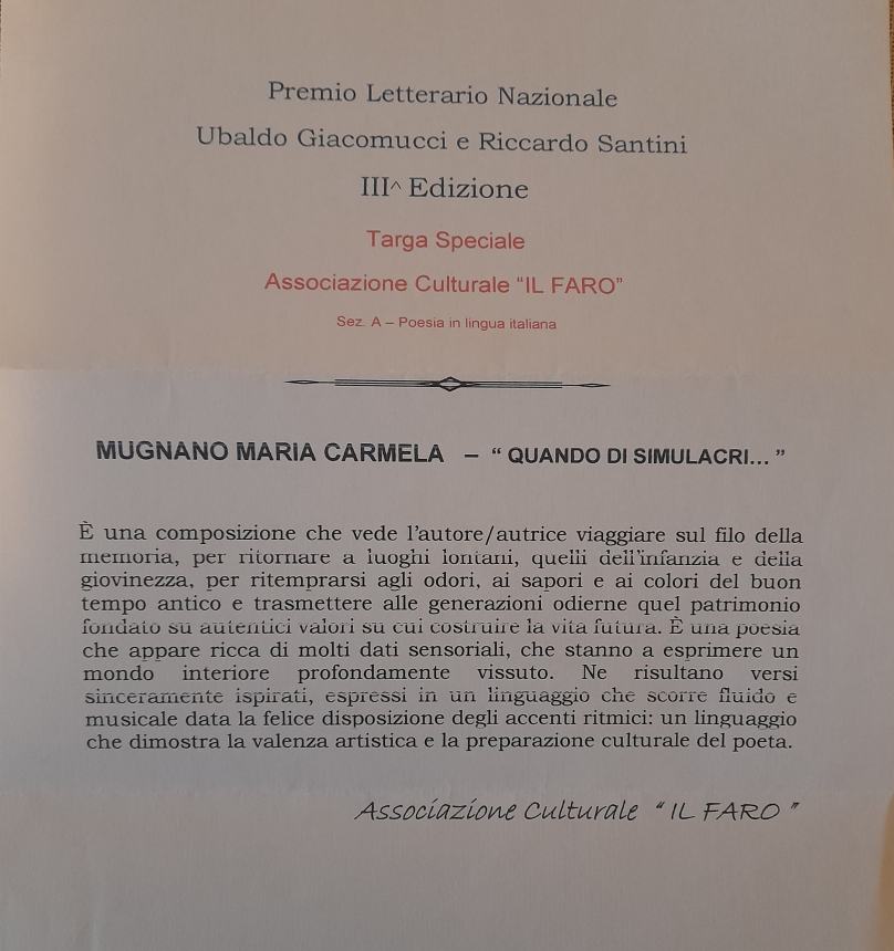 Maria Carmela Mugnano conquista il Premio speciale al concorso nazionale di Pescara