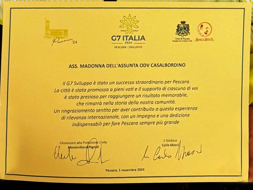 Targa di merito per la protezione civile "Madonna dell’Assunta” di Casalbordino 