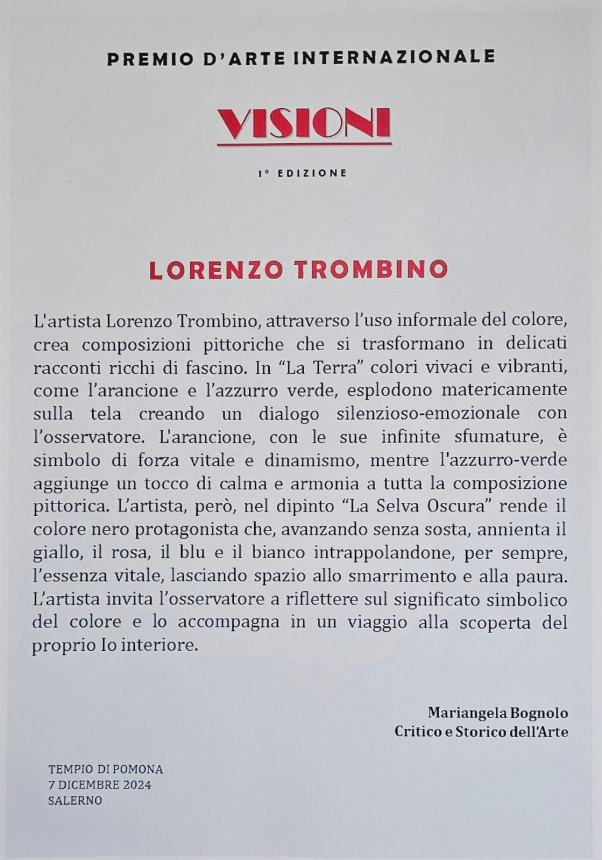 Per Lorenzo Trombino doppio riconoscimento al Premio Internazionale d'arte "Visioni"