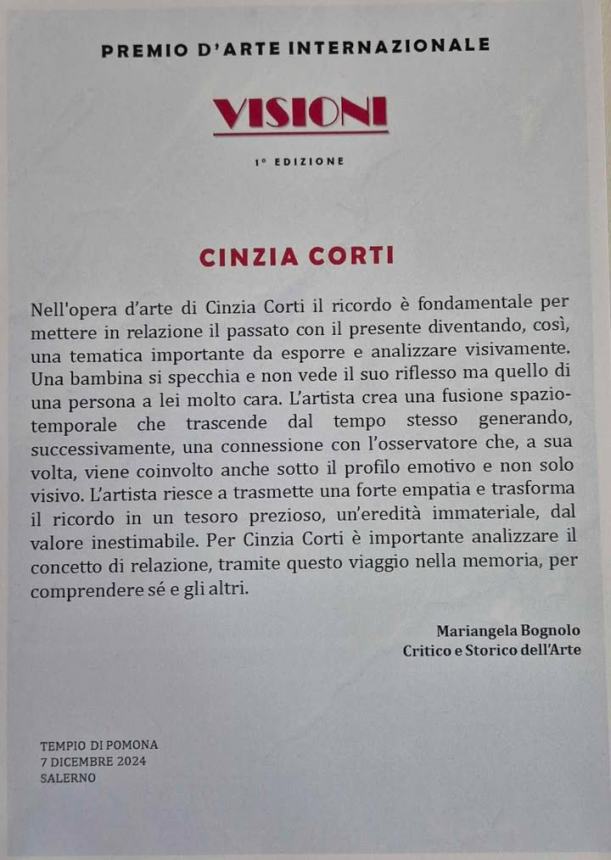  Cinzia Corti  premiata al concorso d'arte "Visioni" per la sua opera "Mi manchi"