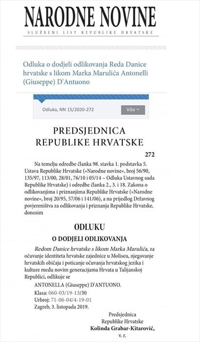 Alta onorificenza croata alla molisana Antonella D'Antuono