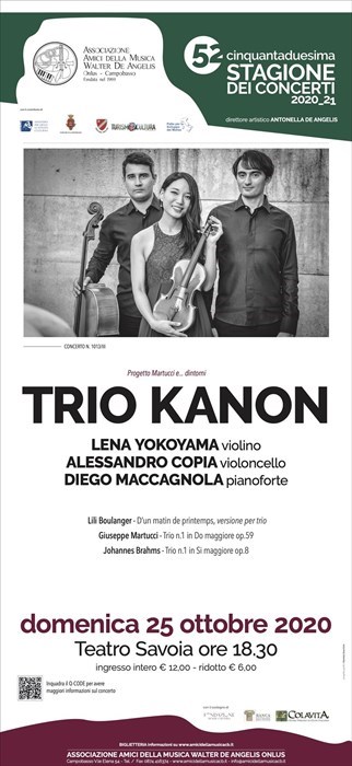 Cinquantaduesima Stagione dei Concerti: domenica in scena il trio Kanon