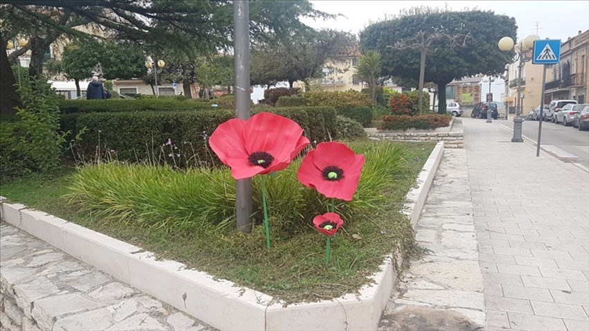 Fiori accanto alla panchina rossa a Montenero di Bisaccia